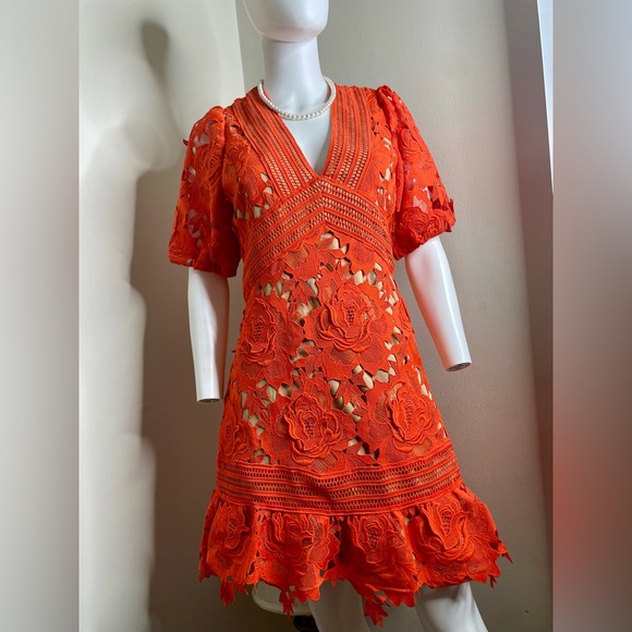 Adelyn Rae V Neck Floral Lace Orange Midi Dress. - Picture 3 of 13